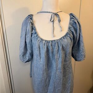 Short Puff Sleeve Blue Chambray Peasant Top with Tie Back or Front